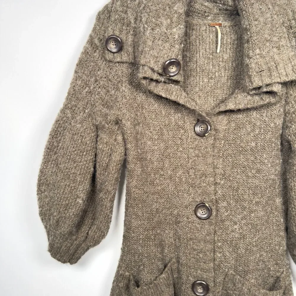 Free People Brown Bubble Sleeve Wool Blend Cardigan Sweater Women's Size S - Picture 3 of 7